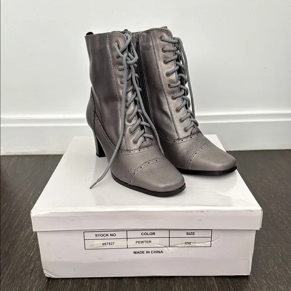Elegant Pewter Lace-Up Ankle Boots - Picture 2 of 13